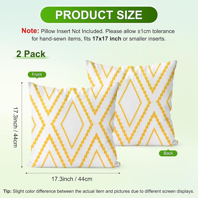 M METERXITY 2Pcs Boho Pillow Cover 17x17 Linen White Yellow Stripe | Water Resistant Boho Geometric Slipcover, for Patio, Balcony, Garden, Decor Pillow Case