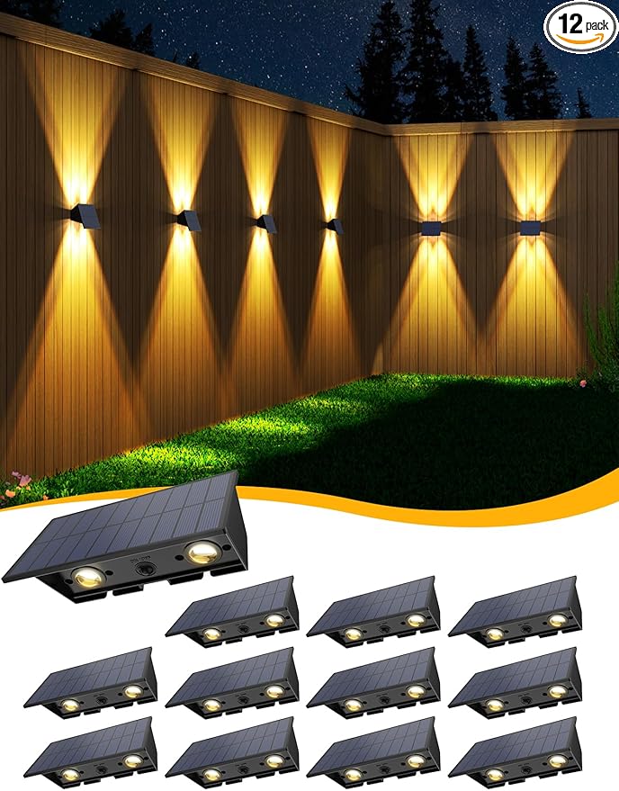 Solar Fence Lights,12Pack Solar Lights Outdoor Warm White Up & Down Wall Lights Waterproof 100 Lumens Dusk to Dawn Solar Powered Fence Light for Outside/Backyard/Pool/Railing/Patio/Porch/Step