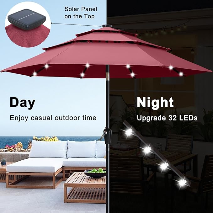 ABCCANOPY 10FT 3-Tiers Solar Led Patio Umbrellas (Burgundy)