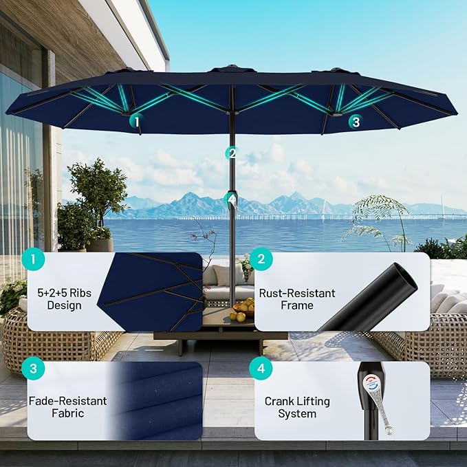 AreShark 15ft Patio Umbrella with Base, Double Sided Outdoor Umbrella with 12 Fiberglass Ribs, Large Outdoor Umbrella for Garden, Pool, Deck, Backyard & Market,Navy Blue