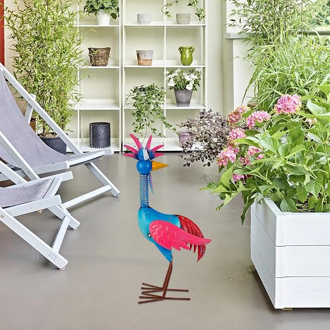 Metal Wacky Rooster Garden Statue for, Patio, Backyard, Lawn | 18'' Rooster Decor, Yard Statue Decorations Outdoor, Chicken Yard Art, Blue & Pink