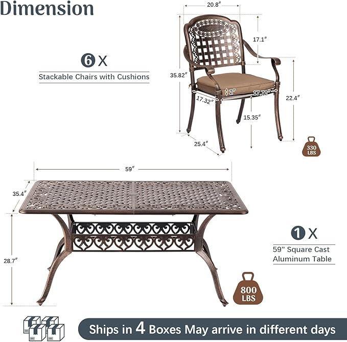 Redlife 7-Piece Cast Aluminum Outdoor Dining Set, 59" Rectangular Patio Table with Umbrella Hole, 6 Stackable Chairs with Cushions, Lattice Backrest, Waterproof Patio Furniture Set
