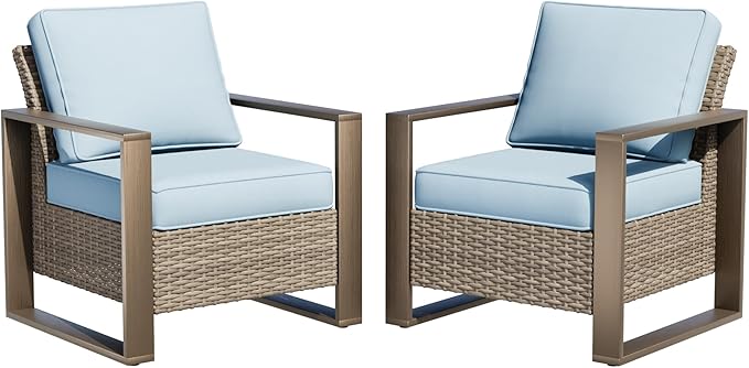 Patio Metal Wicker Chairs Set of 2, All Weather Outdoor Rattan Dining Chairs with Rectangular Framed Wood-Looking Armrest & Fade-Resistant Cushions for Deck Balcony Backyard, Baby Blue