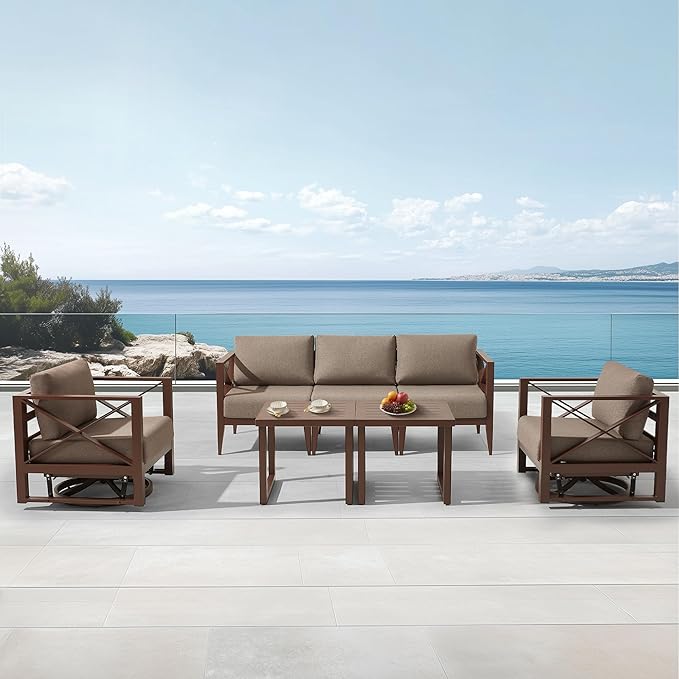 MBY Aluminum Patio Furniture Set, 5-Seat Outdoor Conversation Set with 2 Swivel Rocking Chairs & 2 Coffee Tables, Weather-Resistant Sofa Set for Poolside, Garden, Backyard – Brown