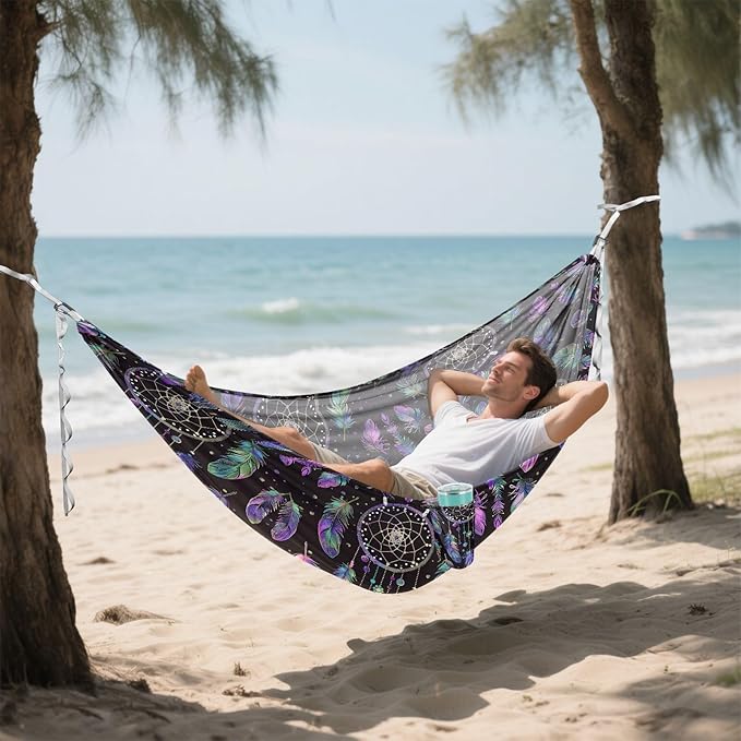 Camping Hammock Outdoor Hammocks for Outside Purple Feather Dreamcatcher Beach Trees Portable Lightweight with Pockets Tree Straps Indoor