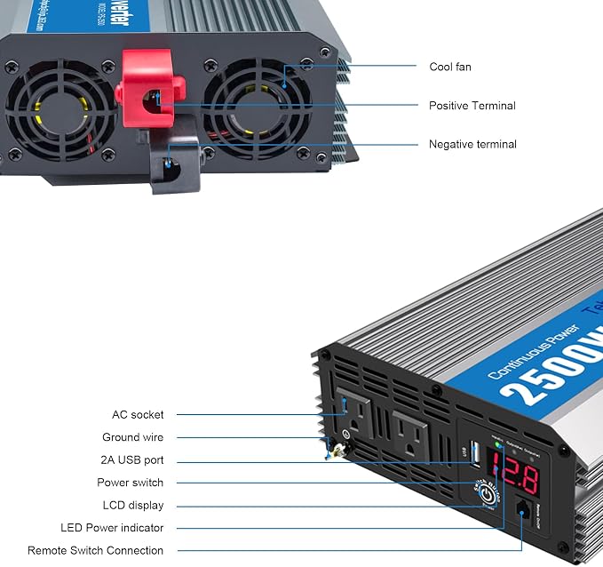 2500W Pure Sine Wave Inverter 12V DC to 120V AC Converter for Home, RV, Truck, Off-Grid Solar Power Inverter with Built-in 5V/2.1A USB, AC Hardwire Port, Remote Controller