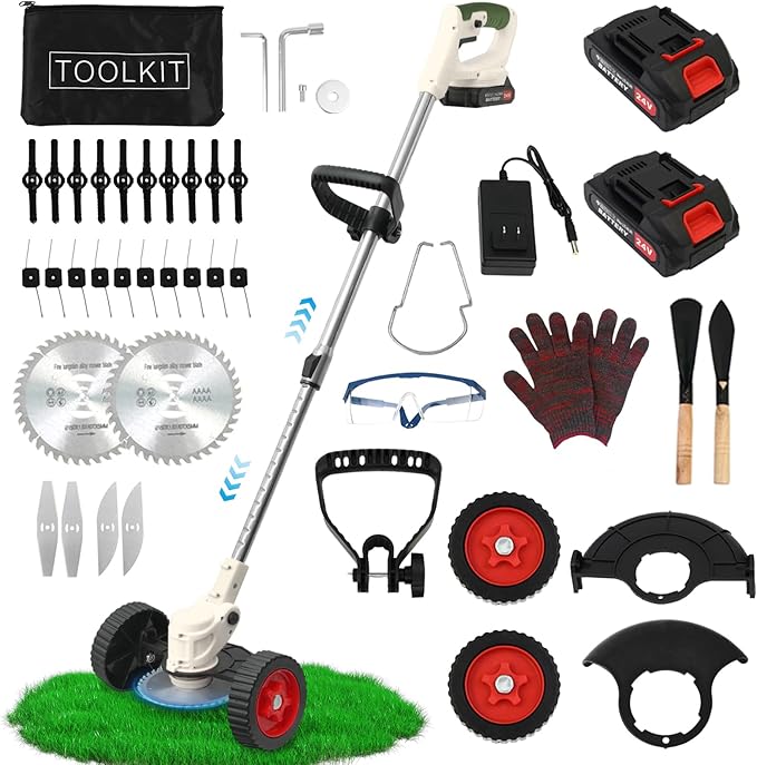 ALSO GO Cordless Weed Wacker Electric Grass Trimmer 24V Battery Powered Weed Trimmer, 3-in-1 Brush Cutter Weed Cutter Lawn Edger with 5 Types Blade & Wheels Lightweight for Garden and Yard Lawn-White