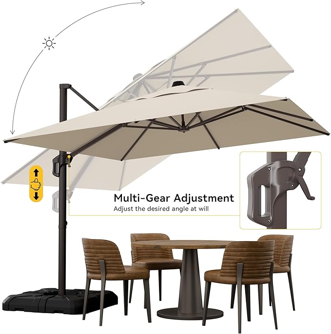 10x10FT Cantilever Outdoor Umbrella with Base, 360° Rotating Large Offset Square Patio Umbrella, Ideal for Garden Backyard Deck Courtyard, Beige