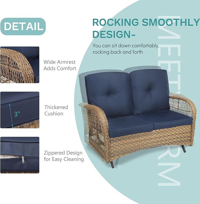 MEETWARM Outdoor Wicker Patio Glider Set, Loveseat for 2 Person Porch Furniture Glider with Glass-Top Coffee Table, Patio Glider Rocking Bench with Thickened Cushions, Navy Blue