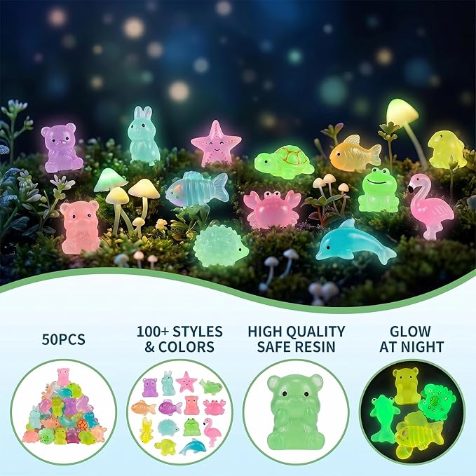 50 Pcs Mini Resin Animals Blind Bags, Glow in The Dark & Glitter Mystery Animals, Individually Wrapped Tiny Luminous Miniatures for Fairy Garden, Micro Landscape, DIY Crafts