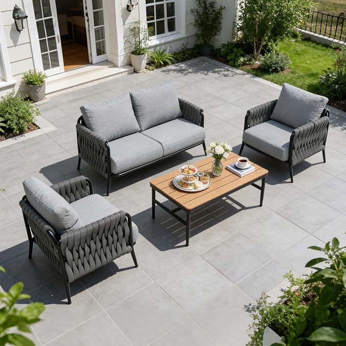 Outdoor Patio Furniture Set, 4/5 Seater Conversation Sofa Set with WPC Coffee Table, Powder-Coated Steel Frame, 6-Inch Thick Polyester Cushions for Garden, Balcony & Backyard (4 Seats)