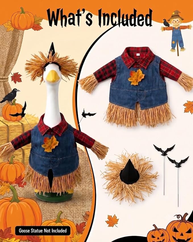 Scarecrow Porch Goose Outfits, 23 Inch Fall Geese Costume with Straw Hat | Porch goose fall outfit with hat & bat decor. Halloween thanksgiving yard decor for concrete statue, gift for mom grandma.