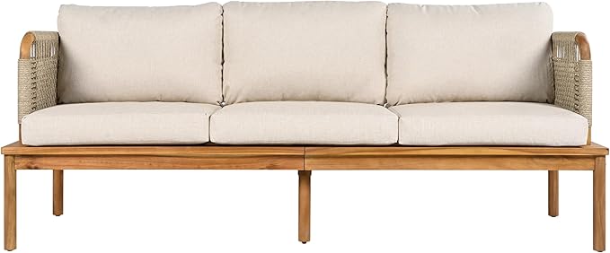 Christopher Knight Home Coby 3-Piece Acacia Wood Patio Furniture Set, Outdoor Conversation Sofa Set with Coffee Table and Ottoman, Patio Sectional Chat Set for Backyard or Balcony, Teak+Beige