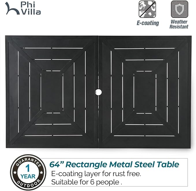 PHI VILLA 7 Piece Patio Dining Set, 64" Steel Table | Outdoor Dining Set for 6 for Patio, Deck, Yard, Garden