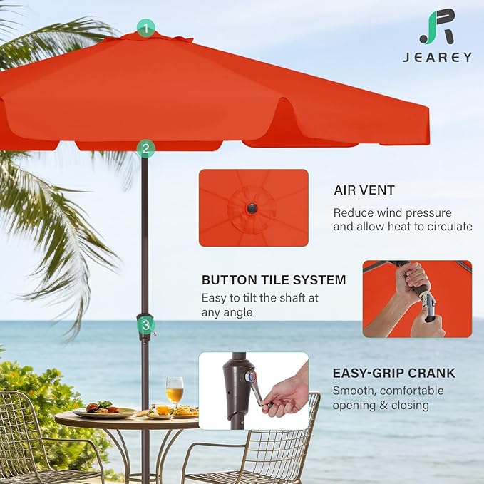 JEAREY 9 FT Patio Umbrella Outdoor, Table Umbrellas Market Umbrella w/Push Button Tilt/Crank, 8 Sturdy Ribs(Orange)