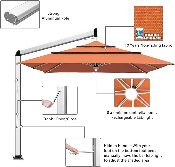 EliteShade USA Atlas 3-Tier 10x10FT Full Aluminum Cantilever Patio Umbrella for Outdoor Restaurant Garden Courtyard Deck Pool and Marketing with Light (No battery), Rust