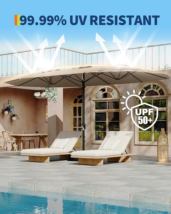 GarveeLife 15 ft Large Patio Umbrella with Lights, 36 LED Lights Double-sided Patio Umbrella with Weighted Base for Poolside Garden Backyard