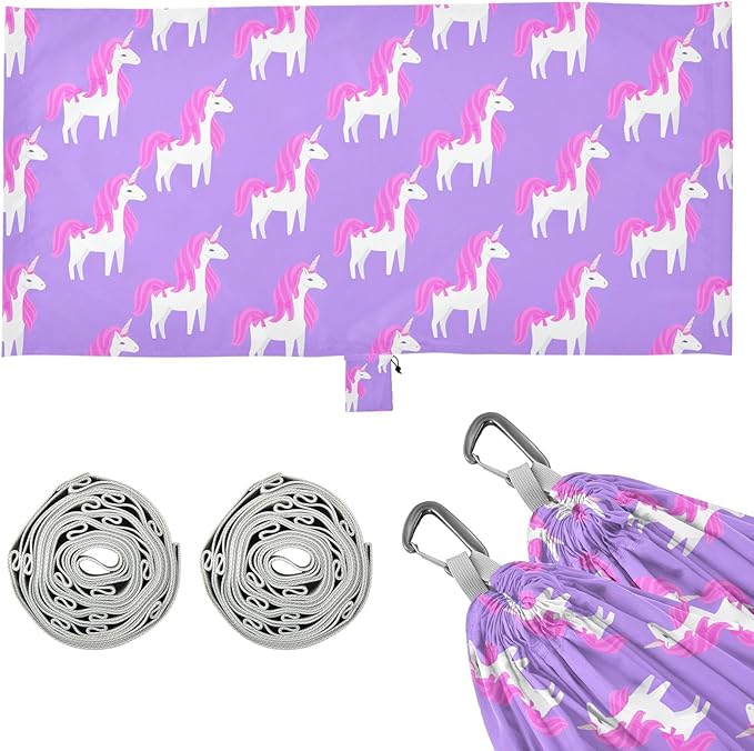 Unicorn Pink Purple Camping Portable Swing Fabric Hammocks with Tree Straps 330 lbs Capacity for Travel Hiking Indoor Outdoor