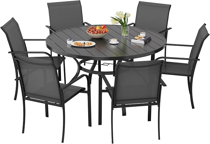 Incbruce 7 PCS Patio Dining Set, Outdoor Dining Set of 6 Textilene Chairs and 53" Round Table with Umbrella Hole for Backyard, Garden, and Poolside (Grey)