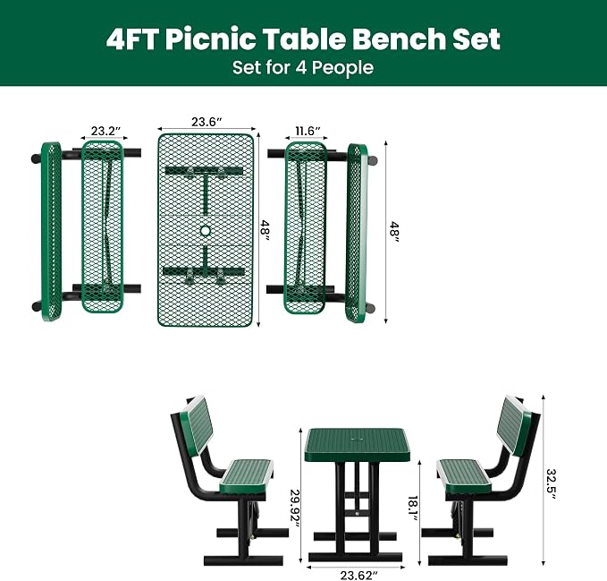 4FT Outdoor Metal Picnic Table with 2 Benches,Heavy Duty Rectangular Picnic Table Set for Outside, Waterproof Commercial Restaurant Table Furniture for Park, Campfield, Patio, Garden, Yard