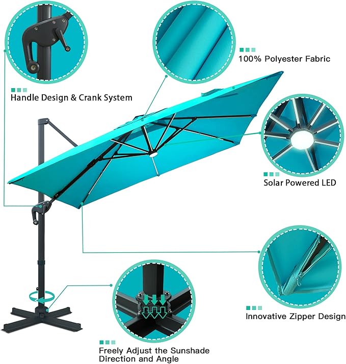 Sunnyglade 10x13ft Solar Powered LED Cantilever Patio Umbrella Square Deluxe Offset Umbrella 360°Rotation & Integrated Tilting System & LED lights for Market Garden Deck Pool Backyard Patio