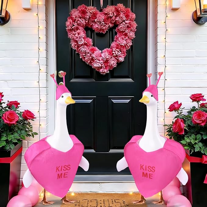 Valentine's Day Goose Outfit for 23" Porch Goose Holiday Rose Red Heart Cloths Costume Valentines Party Outdoor Garden Patio Yard Lawn Art Decoration(Kiss Me)