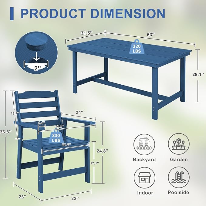 FUNBERRY Outdoor Dining Set, HDPE 5 Piece Dining Table Set with Chairs | 2" Umbrella Hole Table, Wood-Grain, HDPE All Weather, No Rot or Rust or Crack, UV Fade Shield, Easy-Clean for Outside
