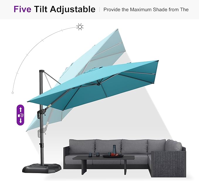 PURPLE LEAF Patio Umbrella with Base 10 Feet Outdoor Cantilever Square Umbrella Aluminum Offset Umbrella with 360-degree Rotation for Garden Deck Pool Patio, Turquoise Blue