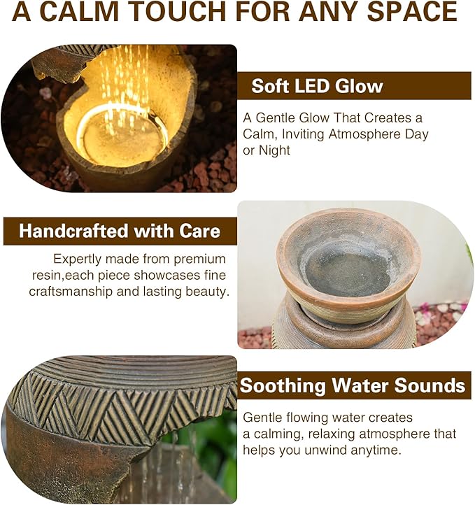 Sunlinua Outdoor Water Fountain with LED Light, Modern Spiral Tiered Outdoor Fountain with Stone Planter Curved Freestanding Waterfall Fountains for Garden Patio Deck Porch