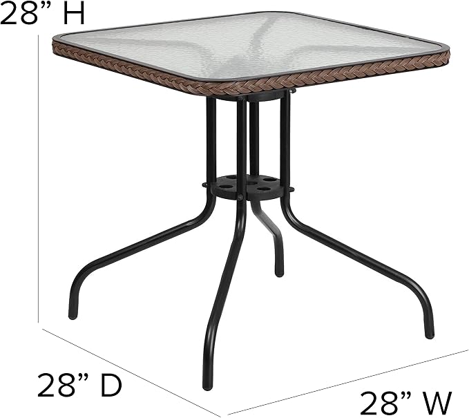 EMMA + OLIVER 28" Square Tempered Glass Metal Table with Dark Brown Rattan Edge