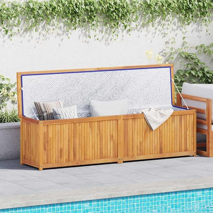 Solid Wood Teak Garden Box with Easy Open Lid, 200x50x55 cm Outdoor Storage Chest for Tools and Cushions, Includes PE Bag