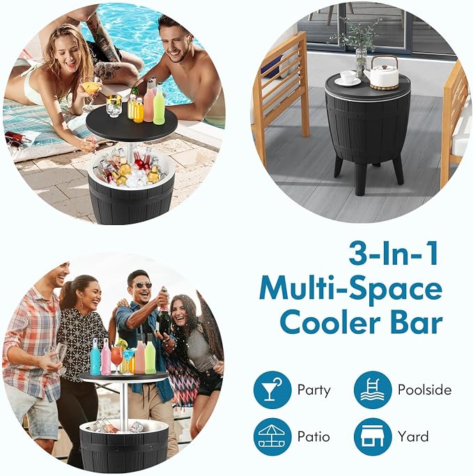 COSTWAY Outdoor Cooler Bar Table, 10 Gallon Cooler with Height Adjustable Tabletop, 3-in-1 Ice Bucket for Beer & Wine, All-Weather Cocktail Table for Backyard, Party, Poolside (Black)