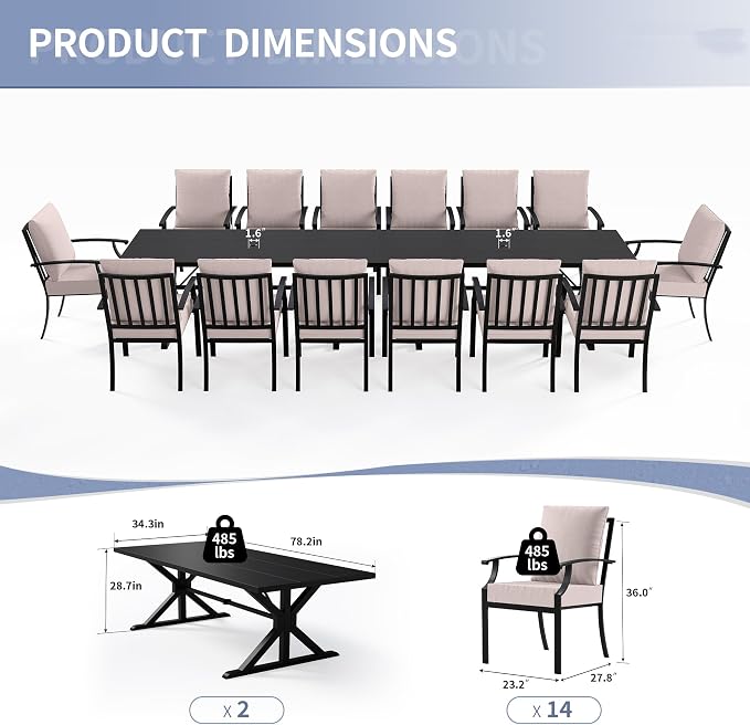 Kullavik 16 Pieces Outdoor Dining Set,Patio Dining Table and Chairs Set for 14,Fence Pattern Back Chairs with Thickened Cushions & X-Frame Metal Dining Table with Umbrella Hole for Patio,Sand