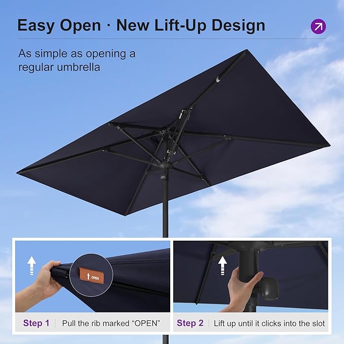 PURPLE LEAF 8' x 5' Rectangular Semi-Auto Outdoor Patio Umbrella Aluminium Market Umbrella Table Sun Umbrella with 1.89" Rod and 6 Sturdy Ribs for Deck Lawn Pool Garden, Navy Blue