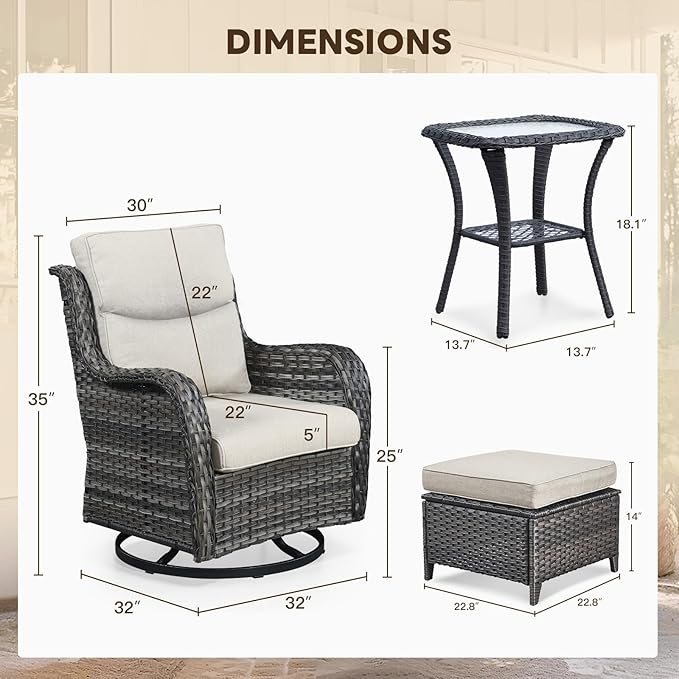 Patio Conversation Set with Smile-Shaped Cushions, Luxury Outdoor Swivel Chairs with Side Table and Ottomans, 5PCS PE Rattan Swivel Glider Chairs Set, Brown Wicker|Beige Cushions