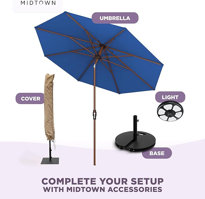 Midtown Umbrellas Wooden 2-8 Ft Patio Umbrella with 360° Swivel & Tilt Mechanism, 8 Fiberglass Ribs & Sunbrella Fabric - Outdoor Umbrella for Deck, Pool & Garden - Burgundy Canopy, Wooden Pole