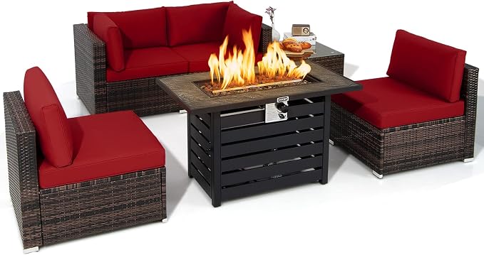 Tangkula 6-Piece Patio Furniture Set with 42 Inches Propane Fire Pit Table, Outdoor Wicker Conversation Set with Cushions and Tempered Glass Coffee Table, 50,000 BTU Gas Fire Pit Table (Red)