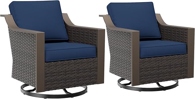 Patio Swivel Chairs Set of 2, Metal Wicker Conversation Furniture Set, Upholstered & 360 Degree Glider Rockers Armchairs, PE Rattan, Metal armrests, Terrace (Navy Blue)