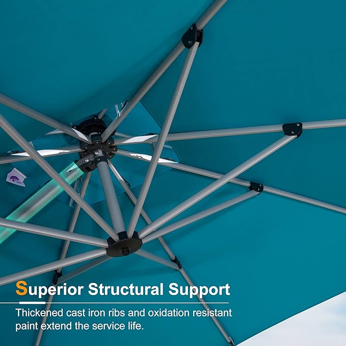 PURPLE LEAF 13 Feet Double Top Round Deluxe Patio Umbrella Offset Hanging Umbrella Outdoor Market Umbrella Garden Umbrella, Turquoise Blue