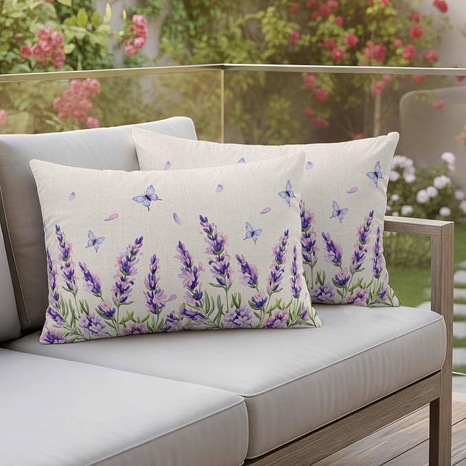 Botanical Lavender Floral Outdoor Waterproof Pillow Covers, Purple Flowers Butterfly Beige Decorative Rectangle Throw Pillowcase Sofa Cushion Sham for Patio/Couch/Chair, 20"x12" 2 Pack