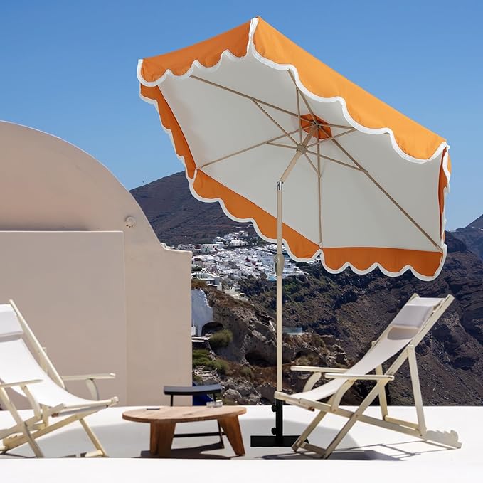 Tempera 9ft Scalloped Patio Umbrellas with Fringe, Market Umbrellas with Water-Resistant and Fade Resistant Canopy, 1.5" Wood Pole & Button Tilt.