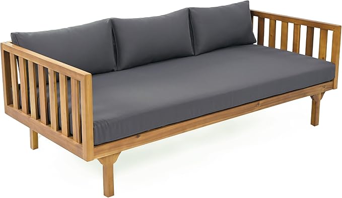 Christopher Knight Home Charm Patio Conversation Set, 3 Seater Acacia Wood Sofa, Spacious Seating Daybed, Wood Coffee Table, Round Side Table, Outdoor Furniture for Backyard Garden Rest, Dark Gray