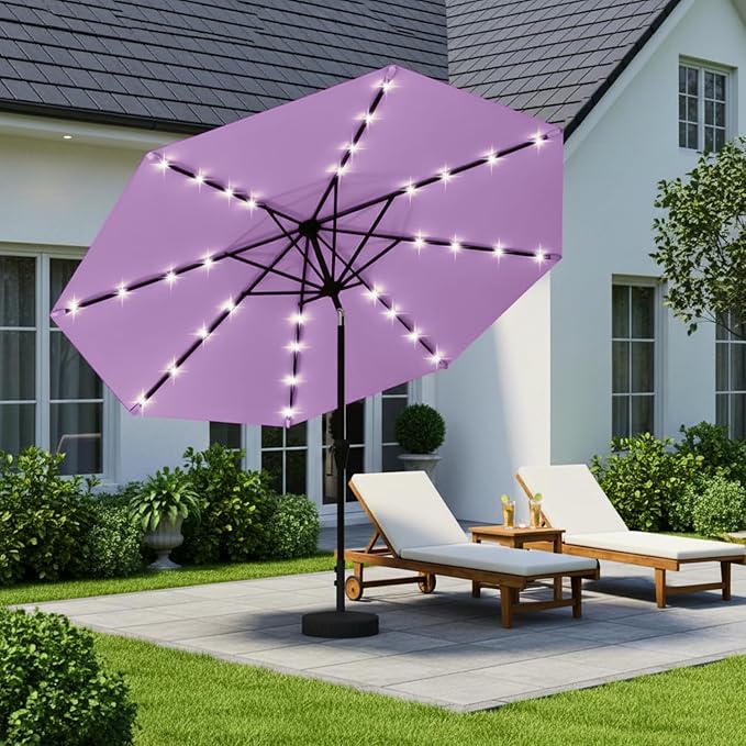 9' Solar LED Patio Umbrella with Tilt & Crank|8 Sturdy Ribs,UV Protection,Outdoor Market Table Umbrella for Deck,Lawn,Pool,Backyard(Taro Purple)