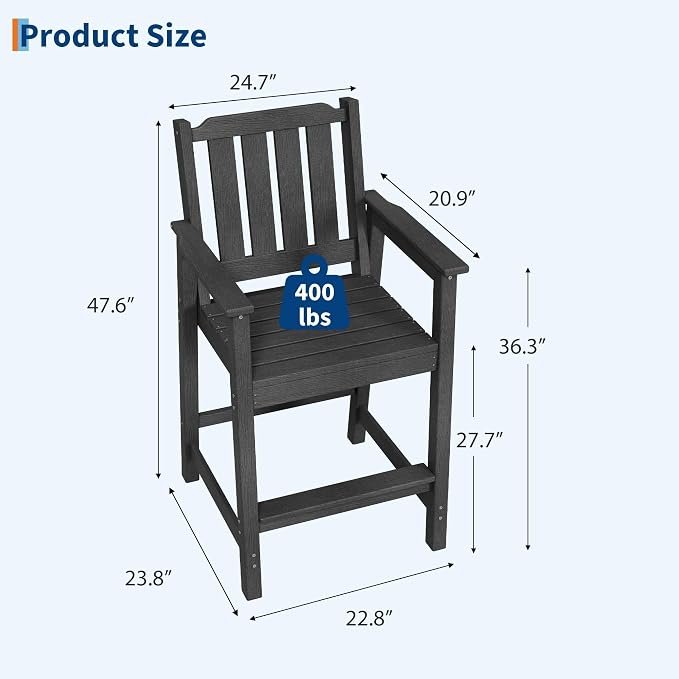 Takywep Set of 4 HDPE Wood Grain Outdoor Bar Stools, 27.7" High Counter Height Chairs with Armrests and Back, Weatherproof Pub Seating for Patio, Balcony, Garden, Deck, Backyard, Dark Grey