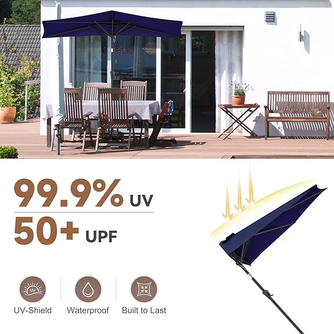 FLAME&SHADE 9ft Half Patio Umbrella - Half Outdoor Umbrella with Tilt UV Protection Waterprool, Half Round Table Umbrella for Wall Balcony, Pool, Porch, Garden, Deck, Market, Backyard (Navy Blue)