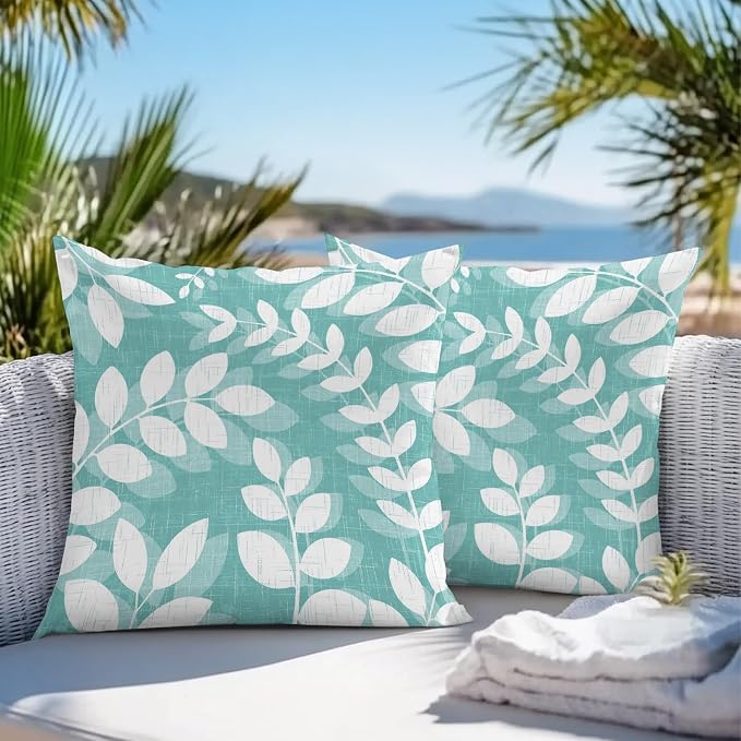 Teal Green Leaves Outdoor Waterproof Throw Pillow Covers 18x18 Set of 2, Farmhouse Botanical Branch Vintage Boho Leaf Decorative Pillowcases Cushion Pillowcase for Couch Sofa Patio Pillow Protector