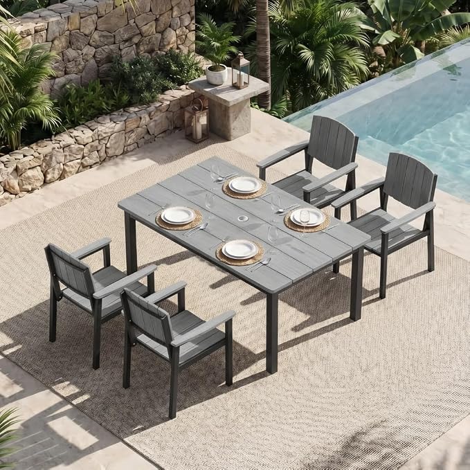 Outdoor Dining Sets Patio Table and Chairs Set 5-Piece, Aluminum Frame HDPS Faux Wood, All Weather Patio Dining Set with Umbrella Hole for Garden Backyard Poolside Grey