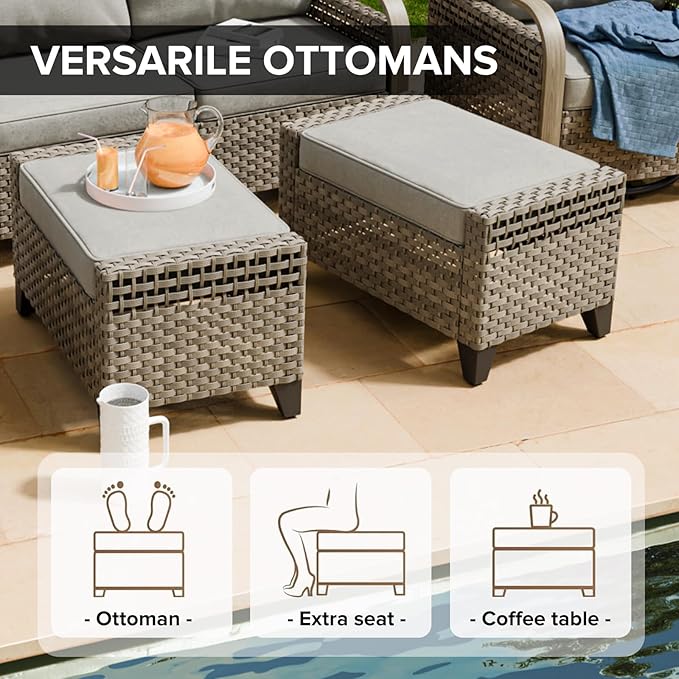 COOS BAY Modern Wicker Outdoor Furniture Set, 6 Piece Patio Conversation Set with 2 Swivel Rockers, a 3 Seat Couch, 2 Ottomans and Coffee Table, 6 Piece, Brown/Gray