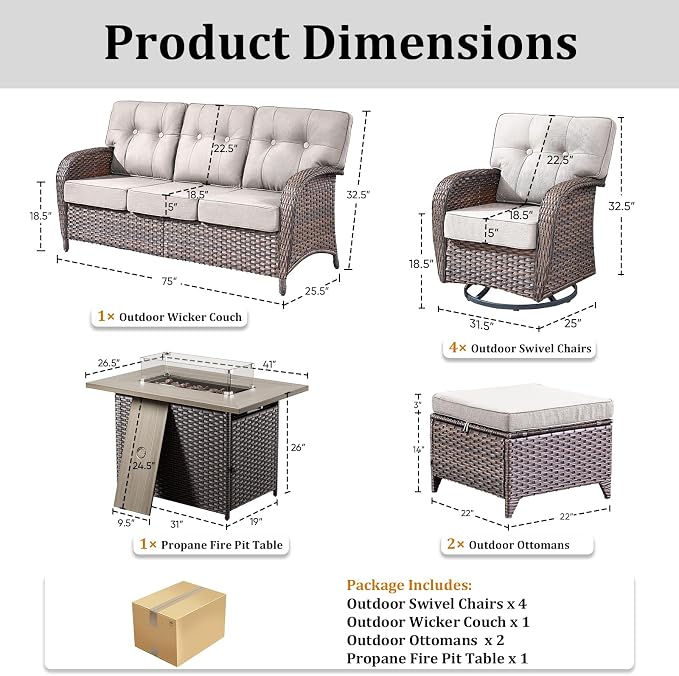 8 PCS Patio Furniture Set with Fire Pit Table, Outdoor Sectional Sofa Couch with Rocking Swivel Chairs 5" Deep Seat Chairs, Modern Wicker Rattan Conversation Set, Beige/Brown Wicker
