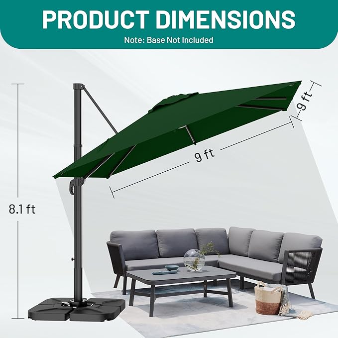 AreShark 9 × 9FT Square Cantilever Patio Umbrella with Base Included, 360° Rotation Offset Outdoor Umbrella, 5 Tilt Settings Heavy Duty Hanging Parasol for Deck Garden Pool, Dark Green
